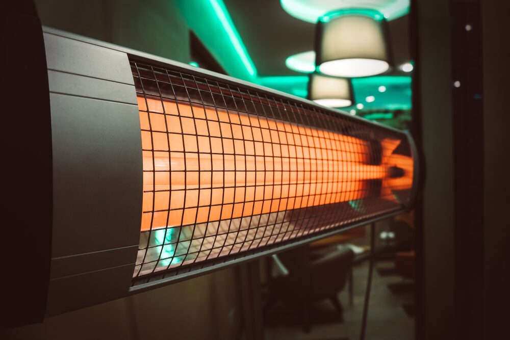 A heater is lit up in the middle of a room.