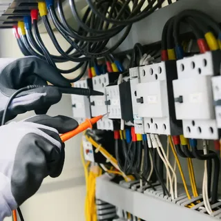 A person is working on electrical wiring in an industrial setting.
