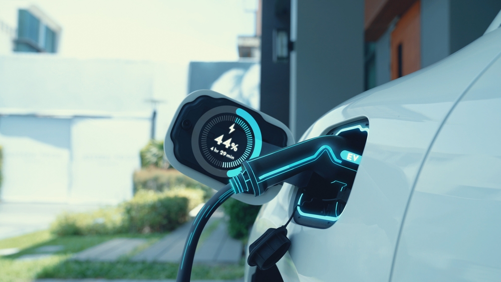 A close up of an electric car charging